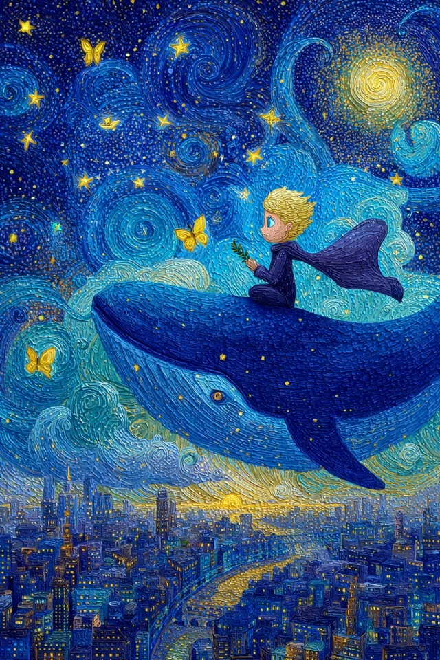 Little Prince on a Whale in Seoul Night Sky