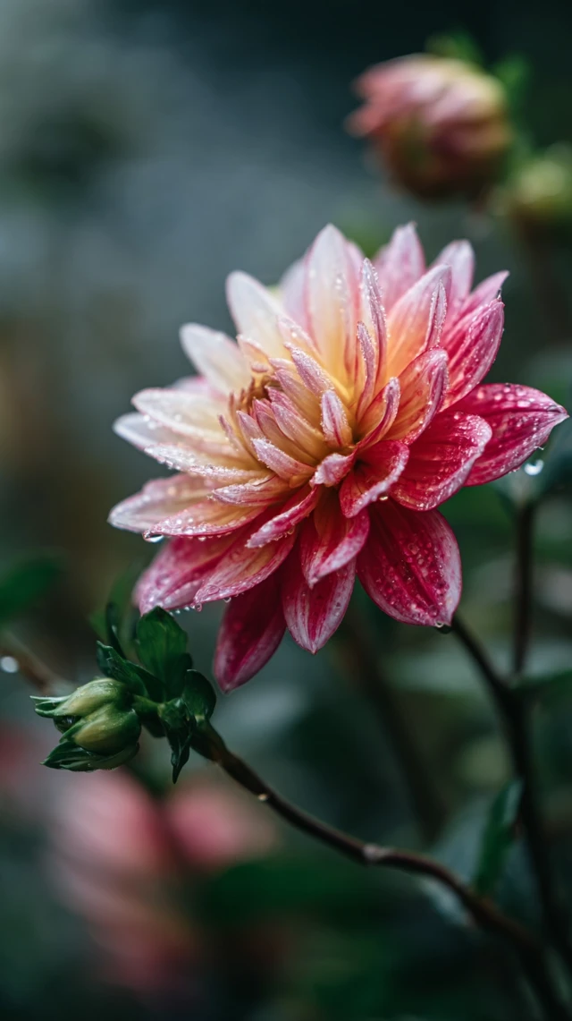 Dahlia Flower Close Up Blooming Petals and Dew Drops
