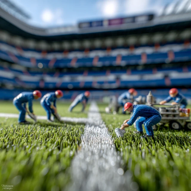 Miniature Workers Painting Field Lines at Stadium