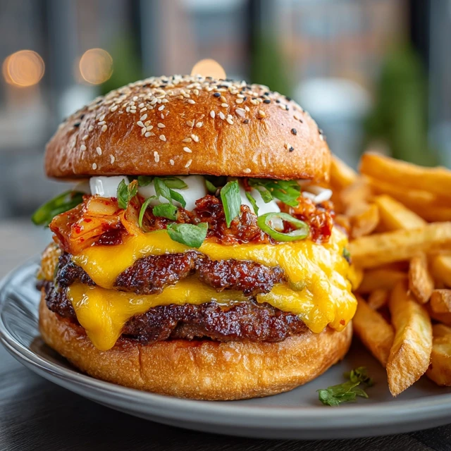 Kimchi Bulgogi Cheeseburger and Fries