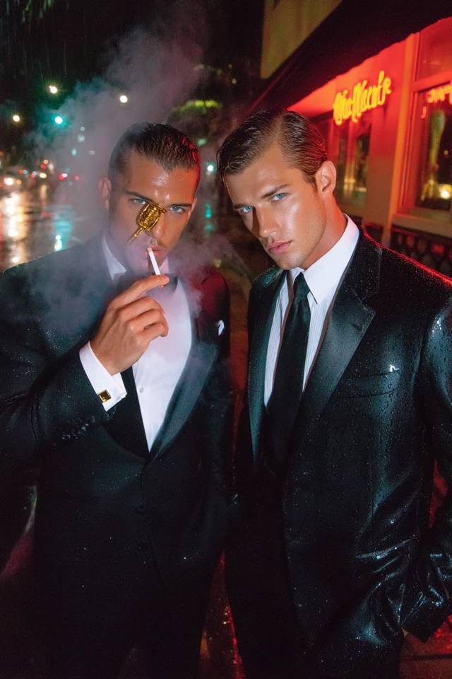 Stylish Men in Black Suits - Night Rain