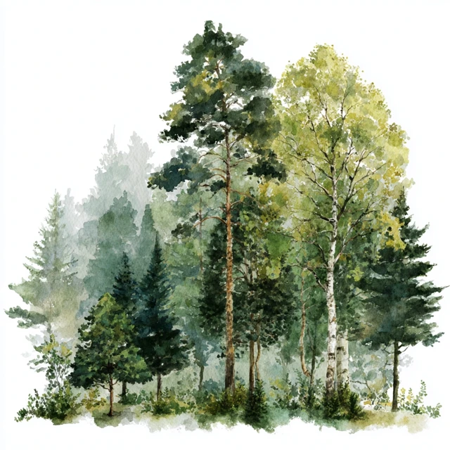 Forest Watercolor Painting Green Trees Birch Pines