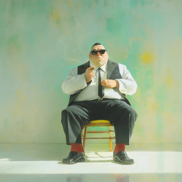 Fat Man in Sunglasses Cigar and Chair