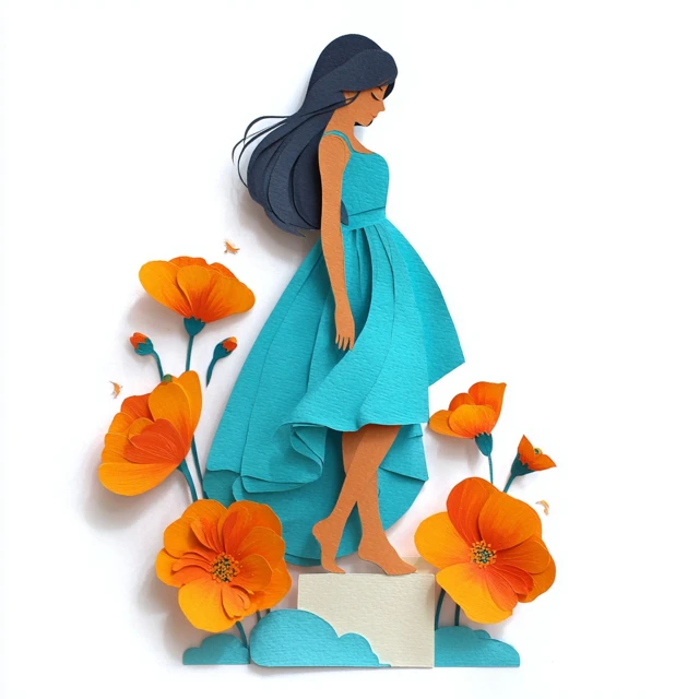 Girl in Turquoise Dress Paper Cut Art