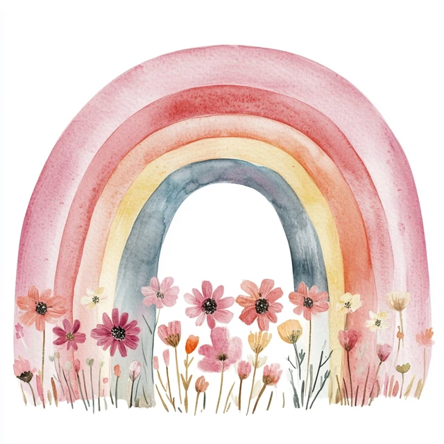 Watercolor Rainbow with Flowers Pastel Pink