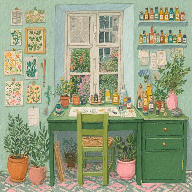 Artists Studio Watercolor Illustration Garden View