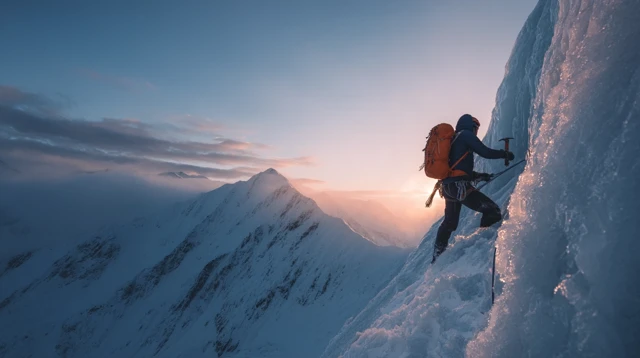 Adventurer Climbing Snowy Mountain at Sunrise