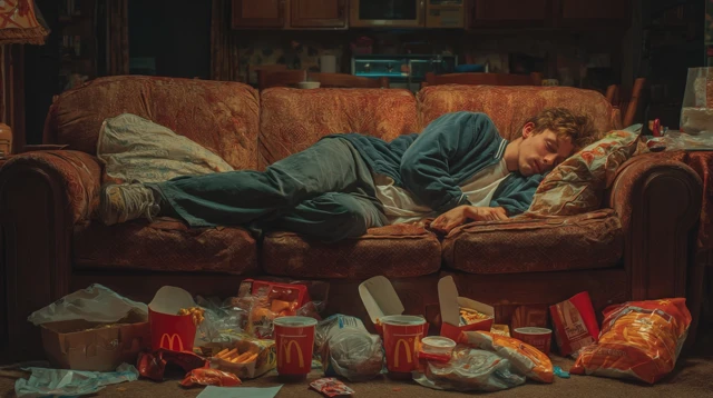 Man Sleeps on Couch Surrounded by McDonalds