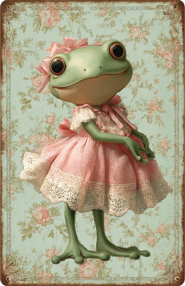 Cute Frog in Pink Dress Vintage Illustration