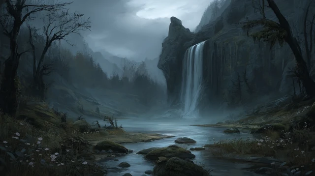 Cinematic Waterfall Scene in a Misty Forest