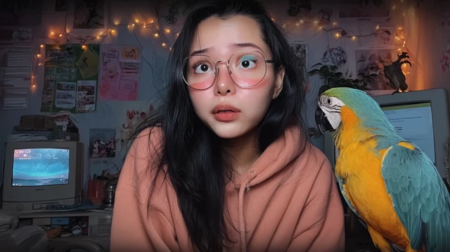 Girl with Parrot in Chaotic Room