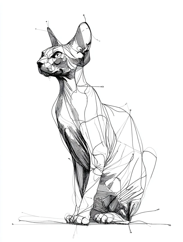 Sphynx Cat Line Art Black and White Illustration