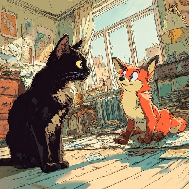 Cat and Fox Apartment Fun Cartoon