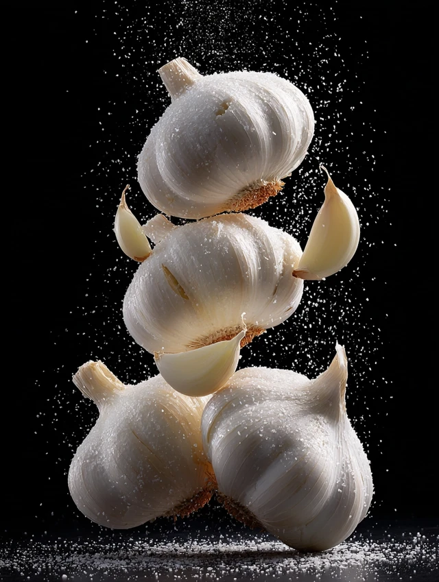 Garlic Cloves in Mid Air Food Photography