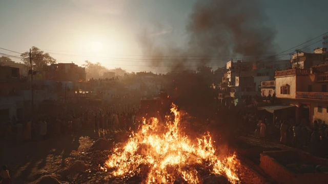 Burning Houses in India Crowd and Flames