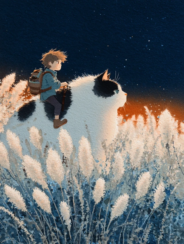 Girl and Cat Ride Through Sunset Field Watercolor Ghibli