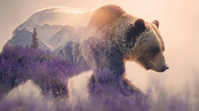 Grizzly Bear Double Exposure with Lavender Mountains