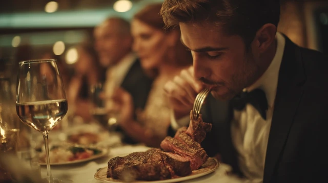 Man Enjoying Steak Fine Dining on Cruise Ship