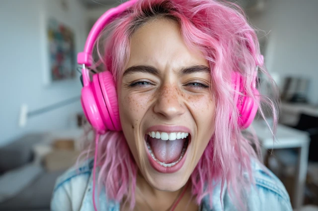 Enthusiastic Young Woman with Pink Hair and Headphones