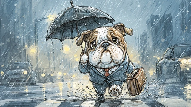 Bulldog in Suit Rainy Day Cartoon