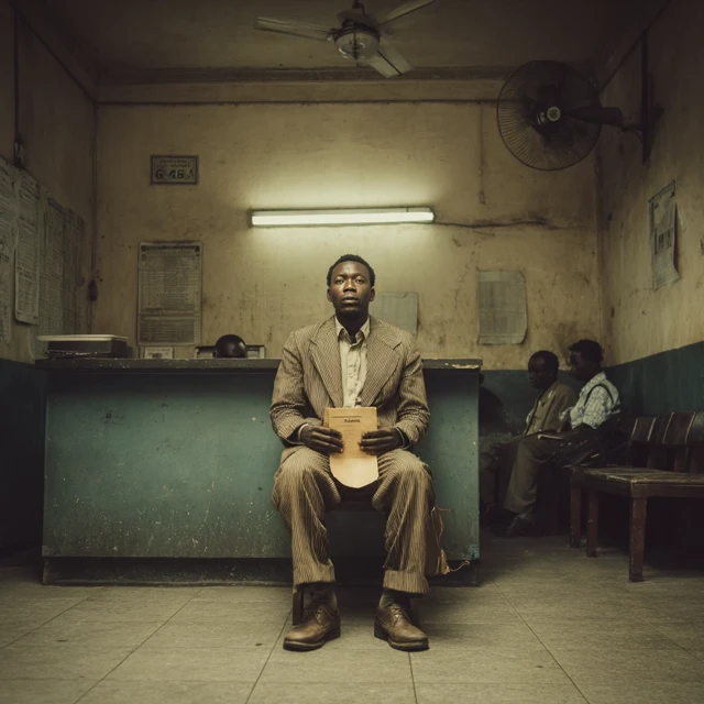 Nigerian Man in Dusty Lagos Office Waiting Room