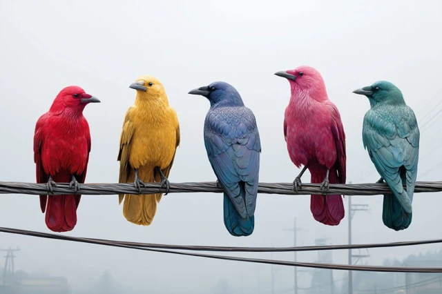 Colorful Crows Perched on Power Line