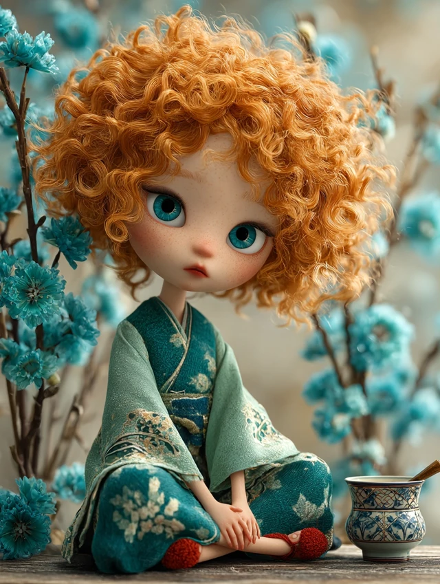 Cute Art Doll with Orange Hair and Teal Flowers