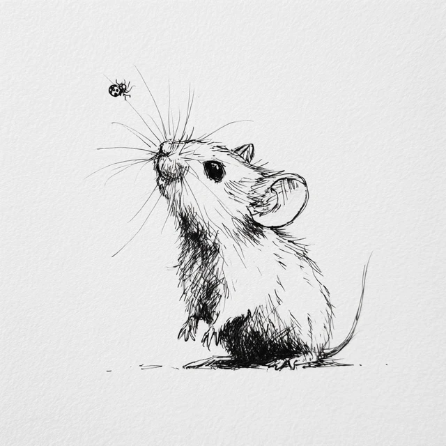 Mouse and Ladybug Minimalist Ink Sketch