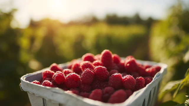 Fresh Raspberries in a Basket Orchard Backdrop