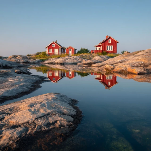 Red Houses Reflecting in Water Sweden