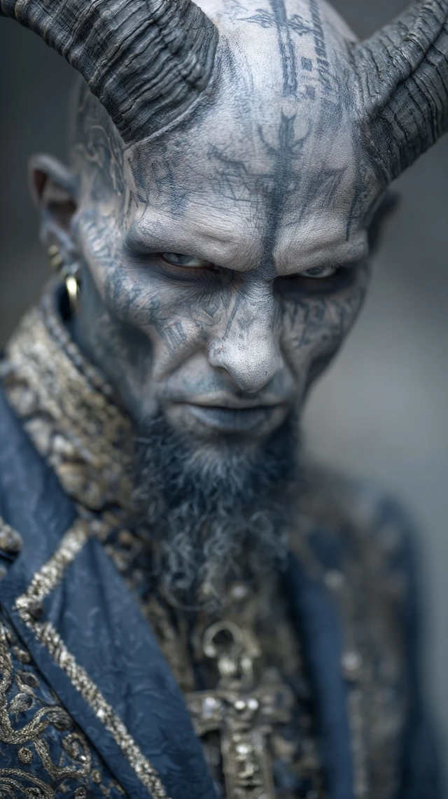 Sinister Priest Portrait with Tattoos and Horns