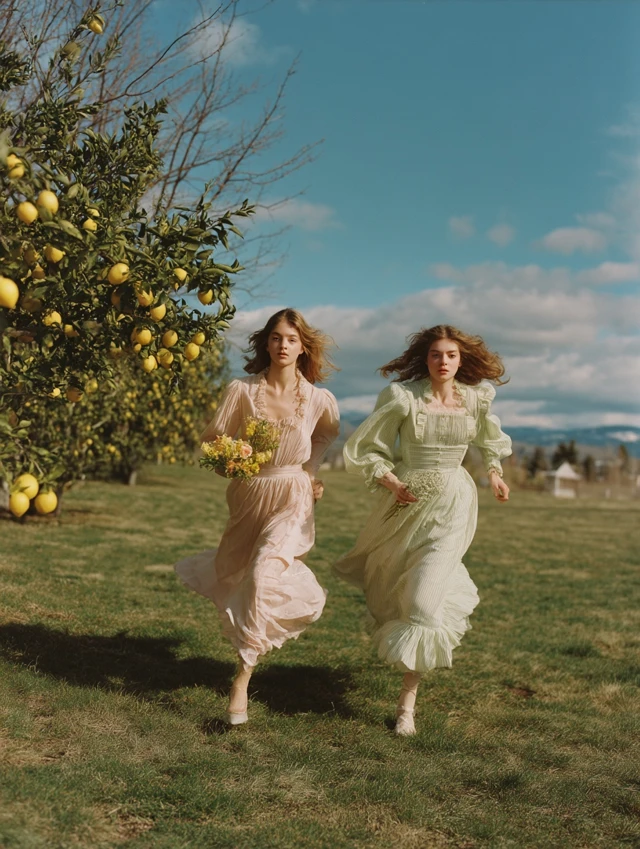 Women Running with Flowers Spring Fashion Editorial