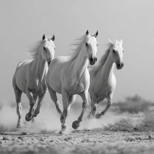 Akhal Tekes Horses Running in the Desert Black and White