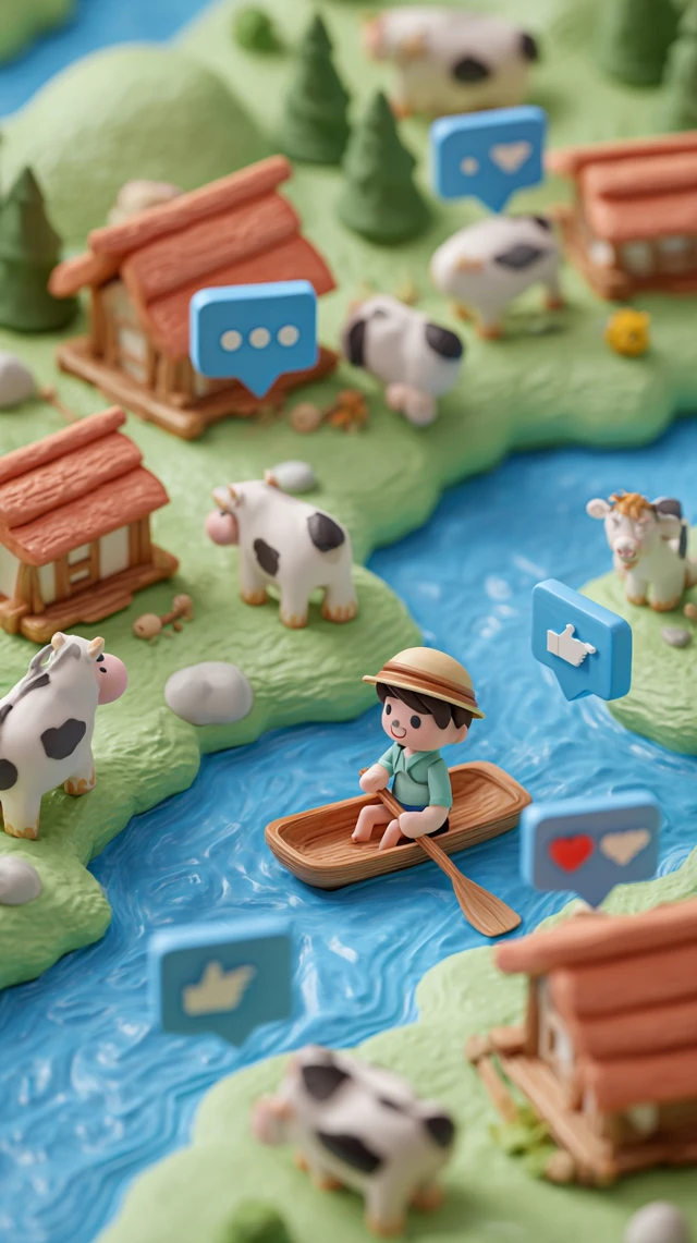 Cute Oriental Boy Paddling in 3D Landscape