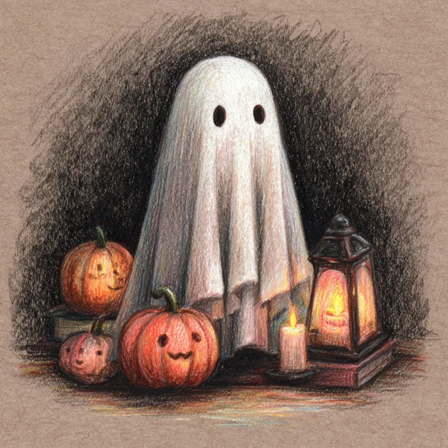Cute Halloween Ghost with Pumpkins and Lanterns