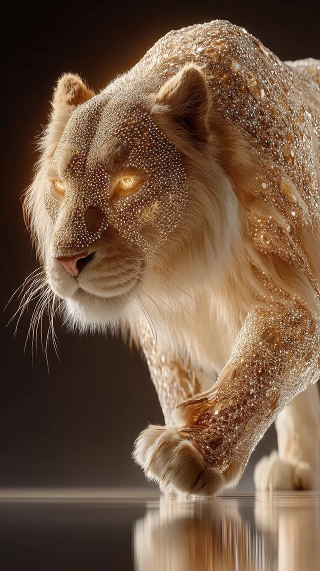 Diamond Lion: Majestic Gold and Gemstone Artwork