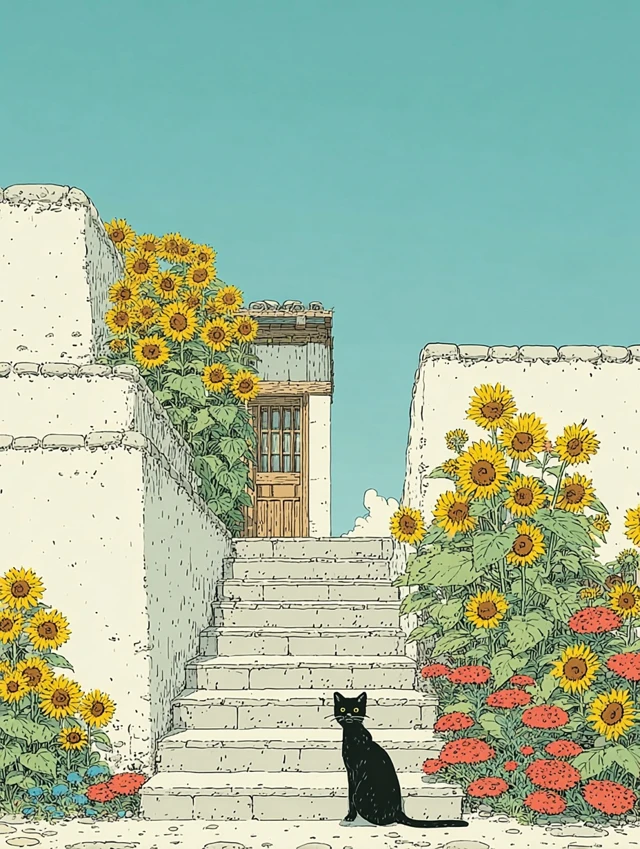 Black Cat on Stairs Hokusai Tatsuro Kiuchi Art