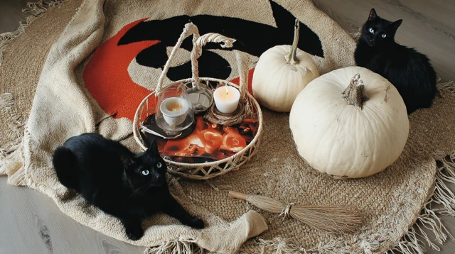 Vintage Halloween Flat Lay Pumpkins Black Cats