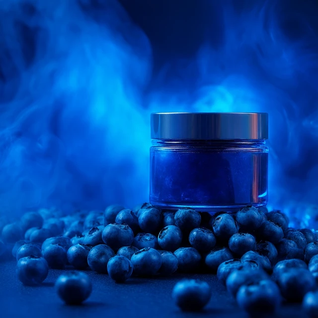 Blueberry Product Jar with Neon Blue Background