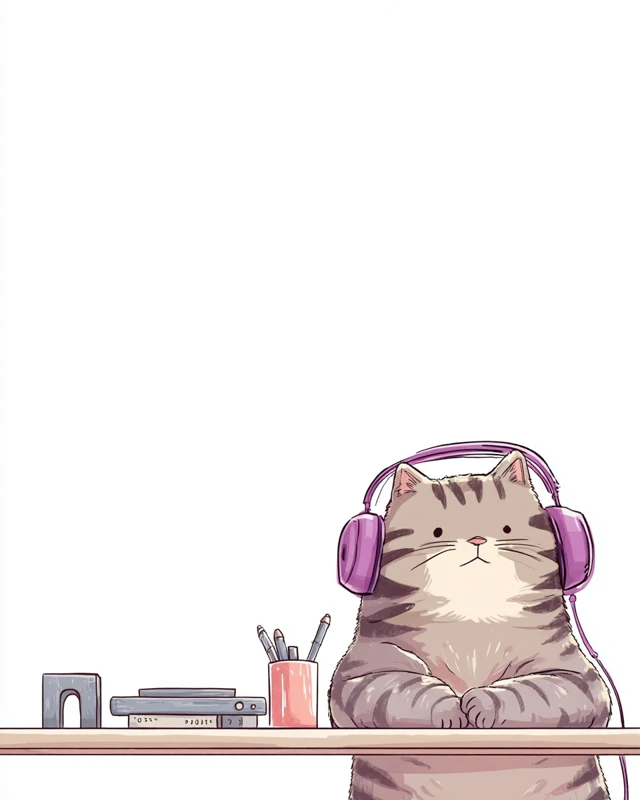 Cute Tabby Cat With Headphones 2D Illustration
