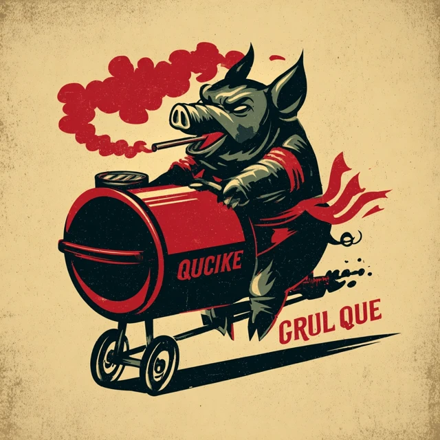 Quickie Que Grill Logo Pig Hog Riding Smoker