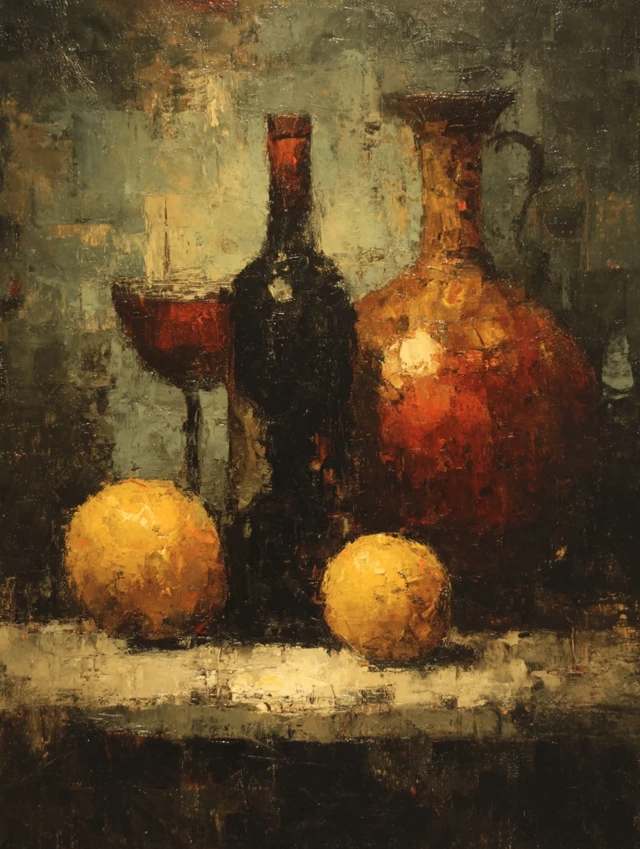 Abstract Still Life Painting of Fruit and Bottles
