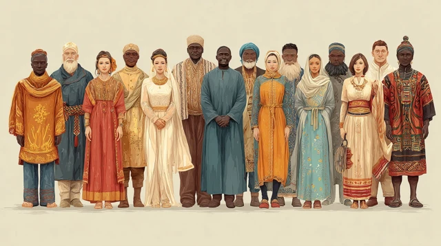 Diverse People Modern and Ancient Clothing