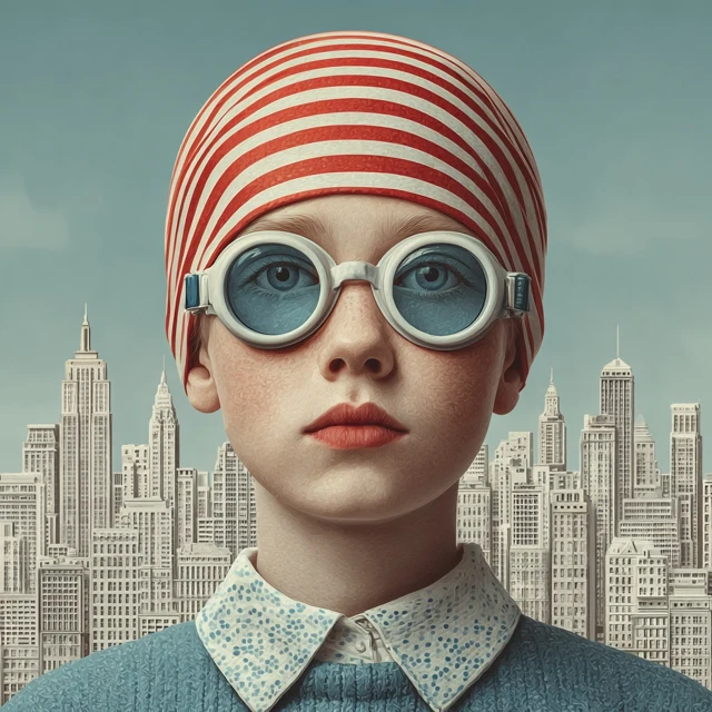 Girl in Swim Cap and Goggles with Cityscape