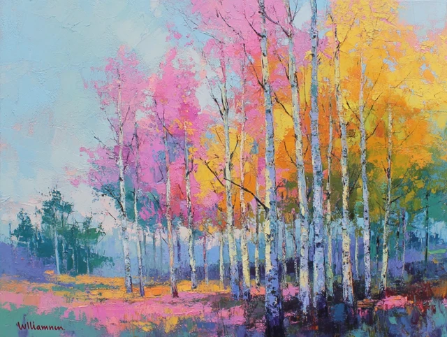 Colorful Aspen Forest Painting Inspired by Wileman