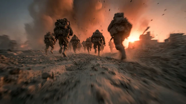 WWII Soldiers Charging Battlefield Gritty Realism