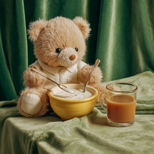 Cute Teddy Bear Eating Porridge Cozy Scene