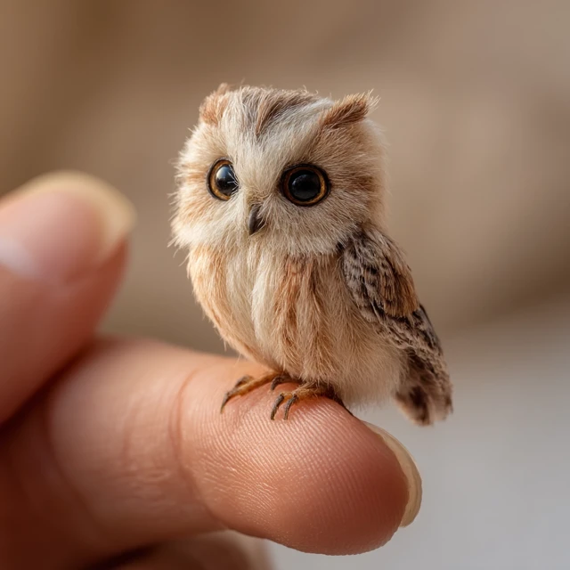Tiny Owl Perched on Fingertip Hyper Realistic Photo