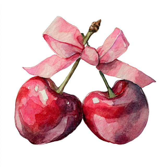 Heart Shaped Cherries with Pink Bows Illustration