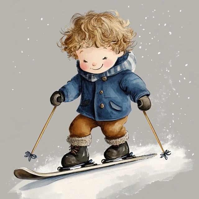 Cute Boy Skiing Watercolor Illustration